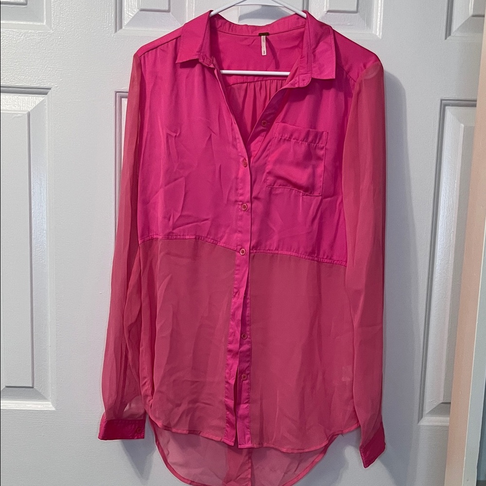 Free People Neon Pink Sheer Panel Button‎ Down Long Sleeve Blouse Top Size S
